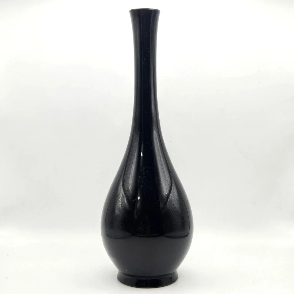 Vintage Japanese Black Enamel Brass Bud Vase Etched Pagoda Landscape Scene Japan
